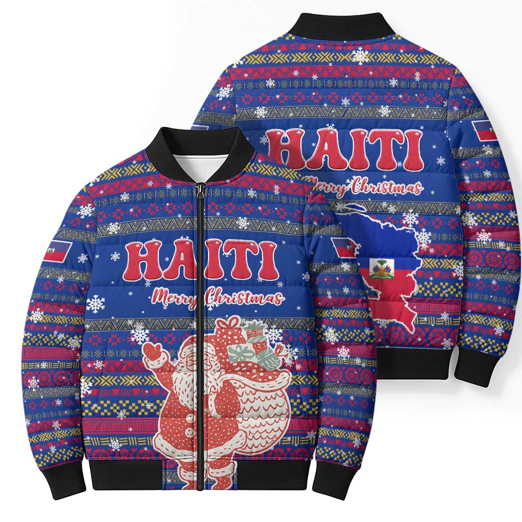 Haiti Christmas Bomber Puffer Jacket with Blue Red Xmas Santa Snowflake and Map - Wonder Print Shop