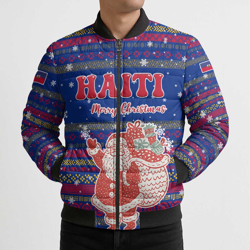 Haiti Christmas Bomber Puffer Jacket with Blue Red Xmas Santa Snowflake and Map - Wonder Print Shop