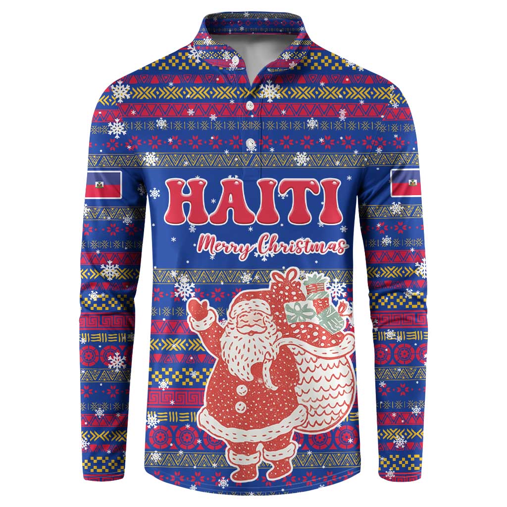 Haiti Christmas Button Sweatshirt with Blue Red Xmas Santa Snowflake and Map - Wonder Print Shop