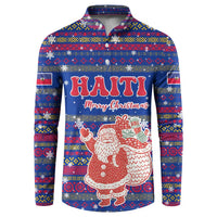Haiti Christmas Button Sweatshirt with Blue Red Xmas Santa Snowflake and Map - Wonder Print Shop