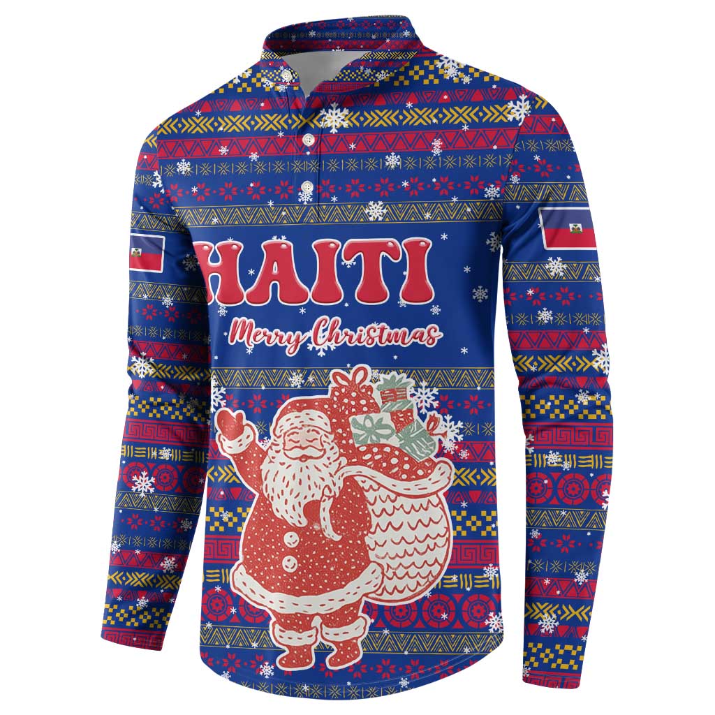Haiti Christmas Button Sweatshirt with Blue Red Xmas Santa Snowflake and Map - Wonder Print Shop