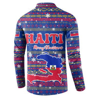 Haiti Christmas Button Sweatshirt with Blue Red Xmas Santa Snowflake and Map - Wonder Print Shop