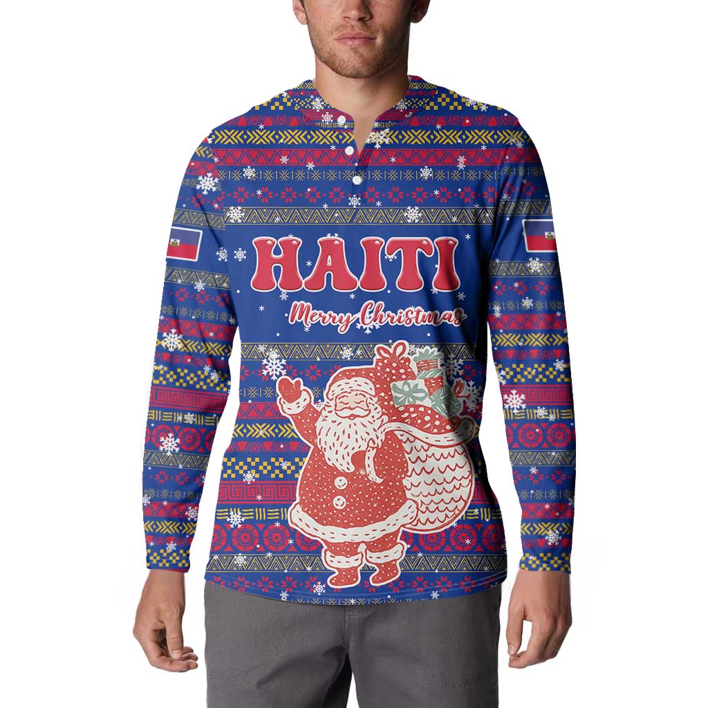 Haiti Christmas Button Sweatshirt with Blue Red Xmas Santa Snowflake and Map - Wonder Print Shop