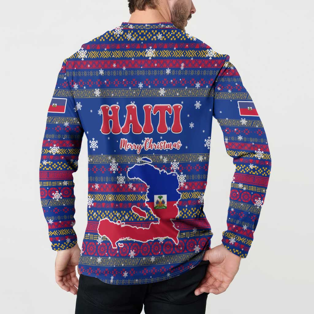 Haiti Christmas Button Sweatshirt with Blue Red Xmas Santa Snowflake and Map - Wonder Print Shop