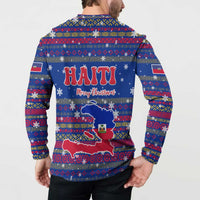 Haiti Christmas Button Sweatshirt with Blue Red Xmas Santa Snowflake and Map - Wonder Print Shop
