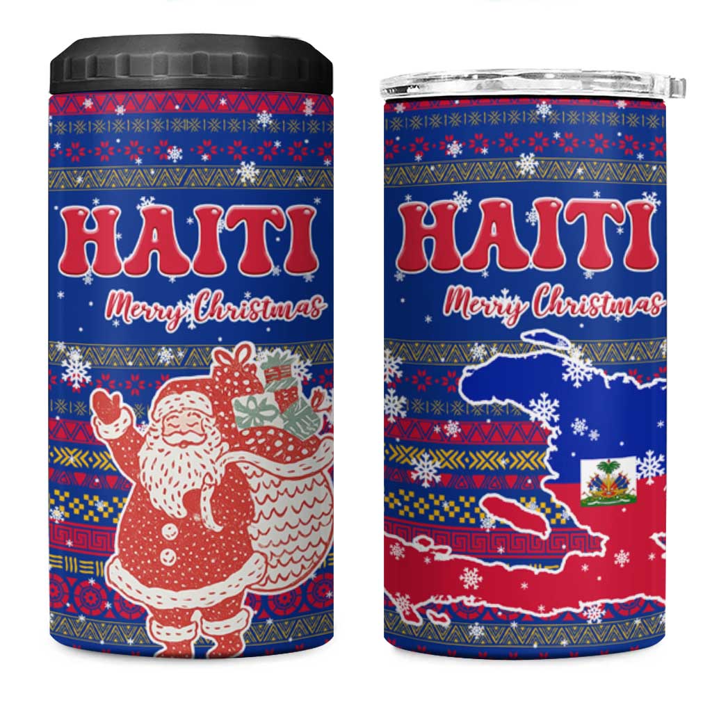 Haiti Christmas 4 in 1 Can Cooler Tumbler with Blue Red Xmas Santa Snowflake and Map - Wonder Print Shop