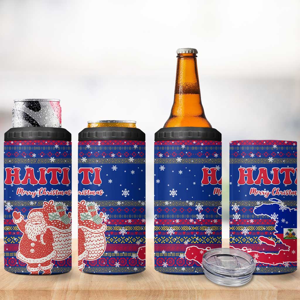 Haiti Christmas 4 in 1 Can Cooler Tumbler with Blue Red Xmas Santa Snowflake and Map - Wonder Print Shop