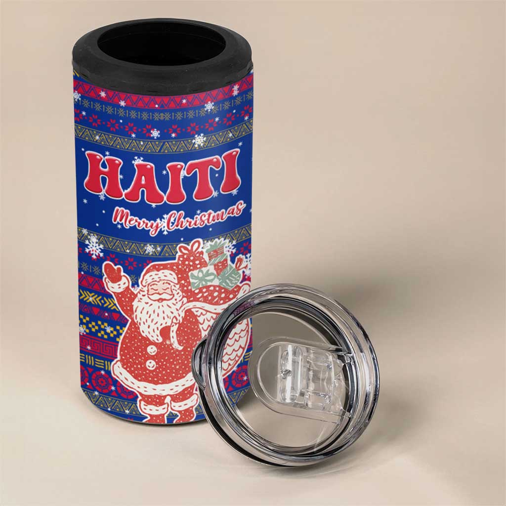 Haiti Christmas 4 in 1 Can Cooler Tumbler with Blue Red Xmas Santa Snowflake and Map - Wonder Print Shop