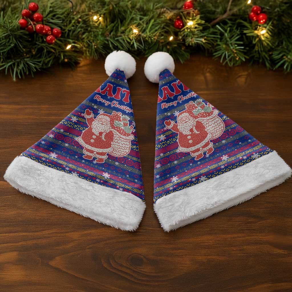 Haiti Christmas Santa Hat with Blue Red Xmas Santa Snowflake and Map - Wonder Print Shop