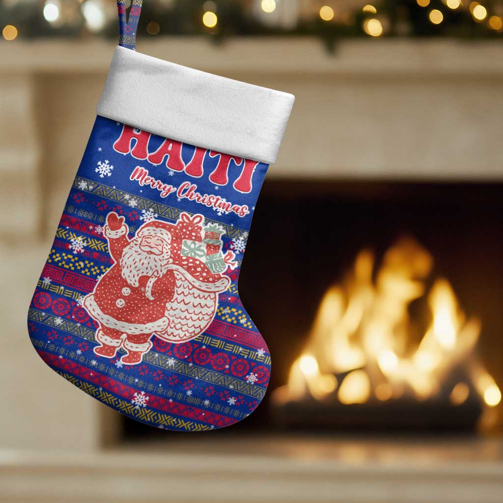 Haiti Christmas Stocking with Blue Red Xmas Santa Snowflake and Map - Wonder Print Shop