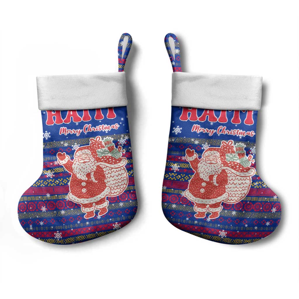 Haiti Christmas Stocking with Blue Red Xmas Santa Snowflake and Map - Wonder Print Shop