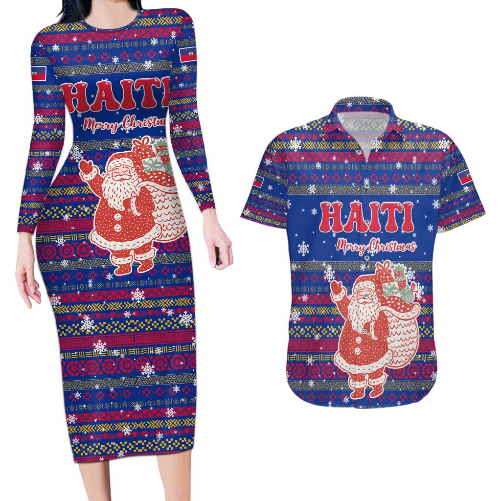 Haiti Christmas Couples Matching Long Sleeve Bodycon Dress and Hawaiian Shirt with Blue Red Xmas Santa Snowflake and Map - Wonder Print Shop