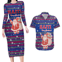 Haiti Christmas Couples Matching Long Sleeve Bodycon Dress and Hawaiian Shirt with Blue Red Xmas Santa Snowflake and Map - Wonder Print Shop