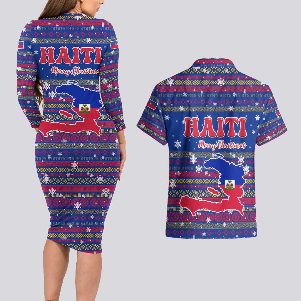 Haiti Christmas Couples Matching Long Sleeve Bodycon Dress and Hawaiian Shirt with Blue Red Xmas Santa Snowflake and Map - Wonder Print Shop