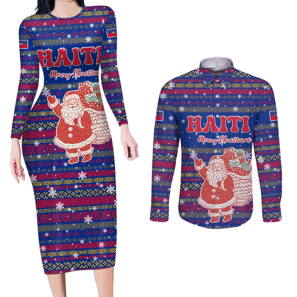 Haiti Christmas Couples Matching Long Sleeve Bodycon Dress and Long Sleeve Button Shirt with Blue Red Xmas Santa Snowflake and Map - Wonder Print Shop