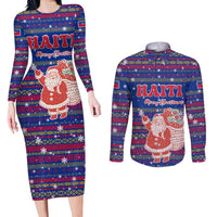 Haiti Christmas Couples Matching Long Sleeve Bodycon Dress and Long Sleeve Button Shirt with Blue Red Xmas Santa Snowflake and Map - Wonder Print Shop