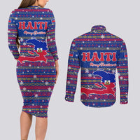 Haiti Christmas Couples Matching Long Sleeve Bodycon Dress and Long Sleeve Button Shirt with Blue Red Xmas Santa Snowflake and Map - Wonder Print Shop