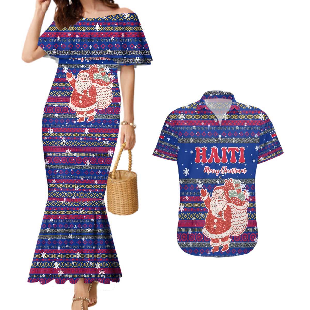 Haiti Christmas Couples Matching Mermaid Dress and Hawaiian Shirt with Blue Red Xmas Santa Snowflake and Map - Wonder Print Shop