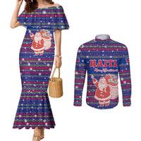 Haiti Christmas Couples Matching Mermaid Dress and Long Sleeve Button Shirt with Blue Red Xmas Santa Snowflake and Map - Wonder Print Shop