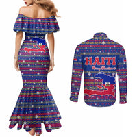 Haiti Christmas Couples Matching Mermaid Dress and Long Sleeve Button Shirt with Blue Red Xmas Santa Snowflake and Map - Wonder Print Shop