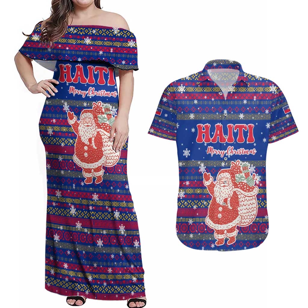 Haiti Christmas Couples Matching Off Shoulder Maxi Dress and Hawaiian Shirt with Blue Red Xmas Santa Snowflake and Map - Wonder Print Shop