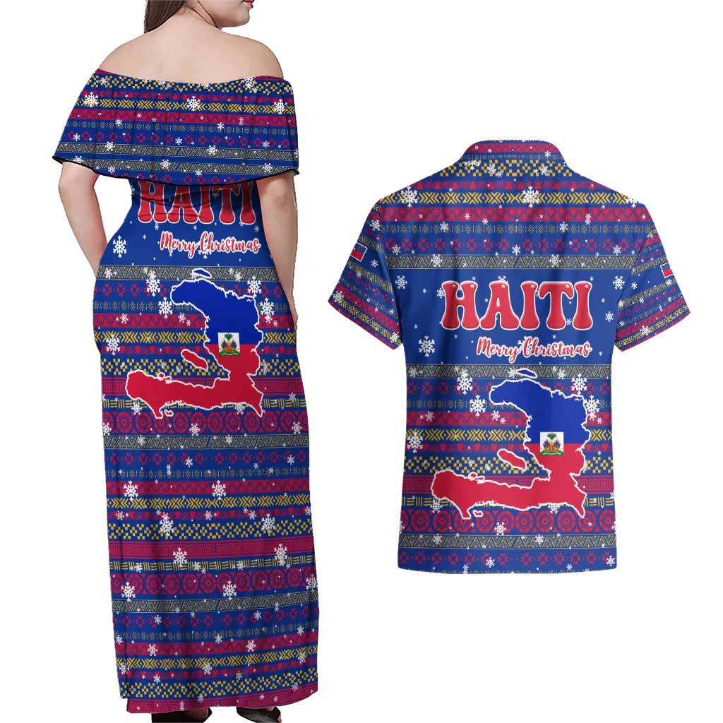 Haiti Christmas Couples Matching Off Shoulder Maxi Dress and Hawaiian Shirt with Blue Red Xmas Santa Snowflake and Map - Wonder Print Shop