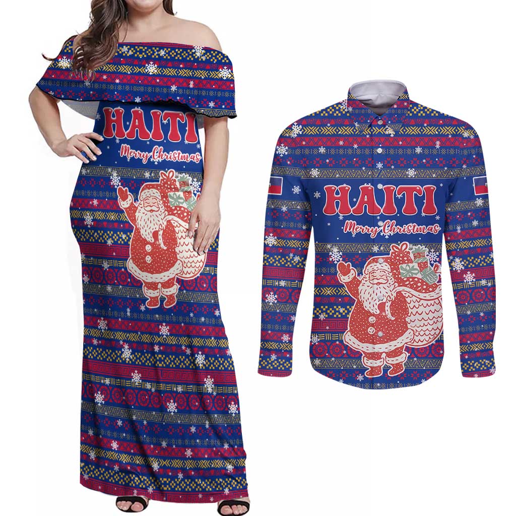Haiti Christmas Couples Matching Off Shoulder Maxi Dress and Long Sleeve Button Shirt with Blue Red Xmas Santa Snowflake and Map - Wonder Print Shop