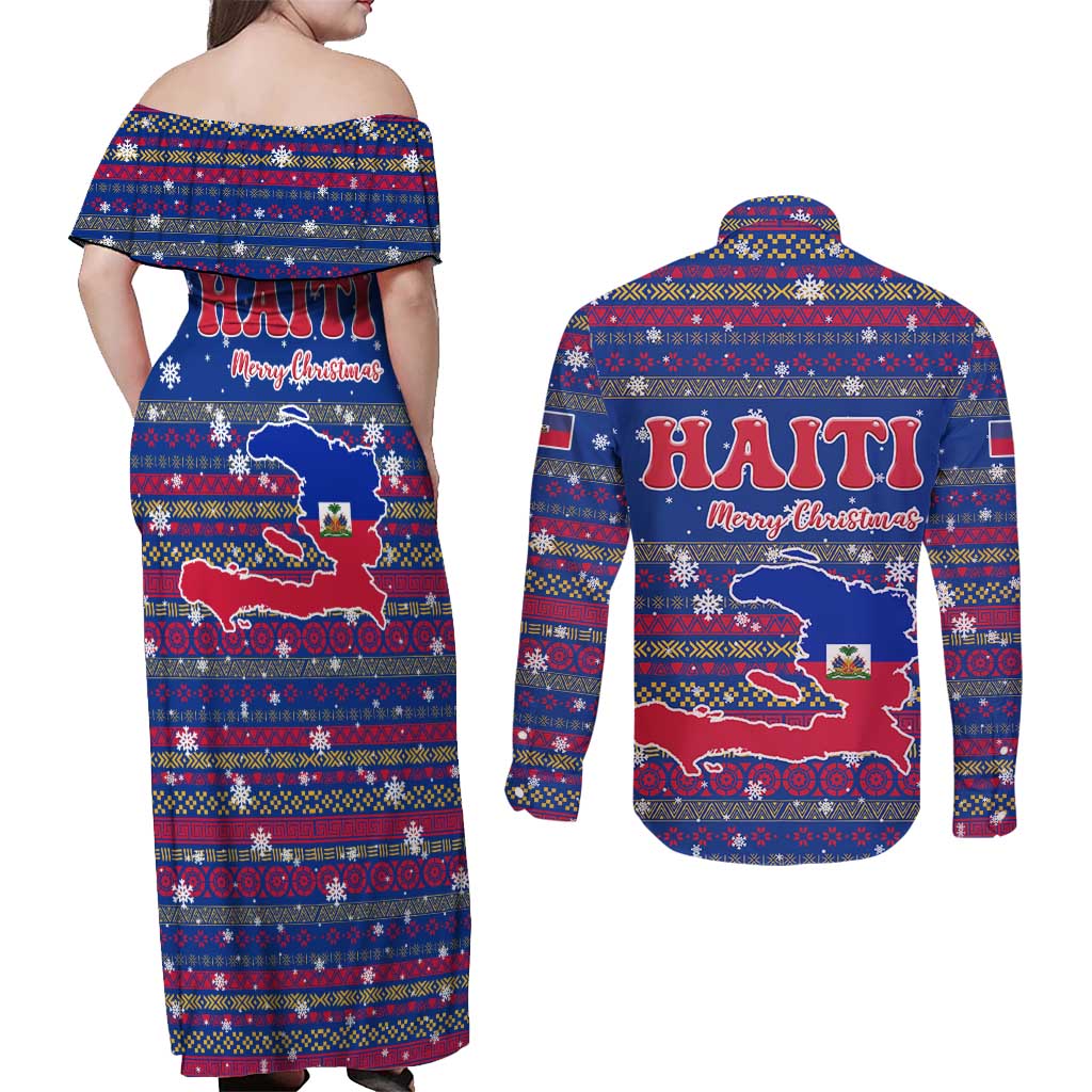 Haiti Christmas Couples Matching Off Shoulder Maxi Dress and Long Sleeve Button Shirt with Blue Red Xmas Santa Snowflake and Map - Wonder Print Shop