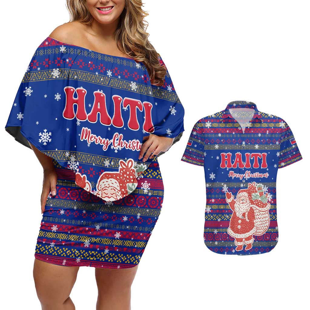 Haiti Christmas Couples Matching Off Shoulder Short Dress and Hawaiian Shirt with Blue Red Xmas Santa Snowflake and Map - Wonder Print Shop