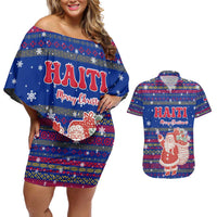 Haiti Christmas Couples Matching Off Shoulder Short Dress and Hawaiian Shirt with Blue Red Xmas Santa Snowflake and Map - Wonder Print Shop