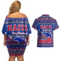 Haiti Christmas Couples Matching Off Shoulder Short Dress and Hawaiian Shirt with Blue Red Xmas Santa Snowflake and Map - Wonder Print Shop