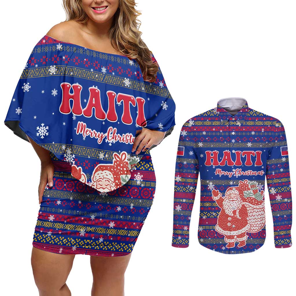 Haiti Christmas Couples Matching Off Shoulder Short Dress and Long Sleeve Button Shirt with Blue Red Xmas Santa Snowflake and Map - Wonder Print Shop