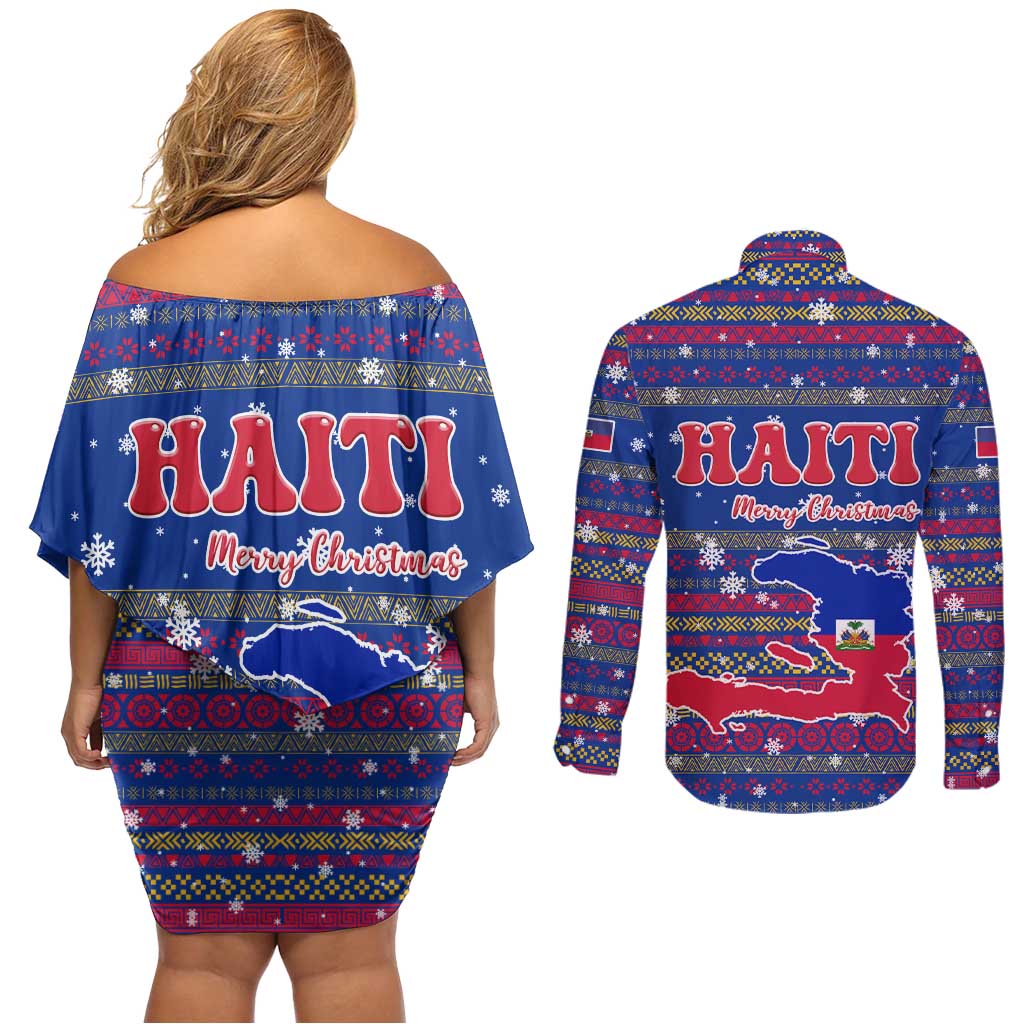 Haiti Christmas Couples Matching Off Shoulder Short Dress and Long Sleeve Button Shirt with Blue Red Xmas Santa Snowflake and Map - Wonder Print Shop
