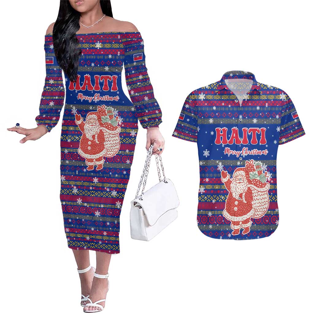 Haiti Christmas Couples Matching Off The Shoulder Long Sleeve Dress and Hawaiian Shirt with Blue Red Xmas Santa Snowflake and Map - Wonder Print Shop