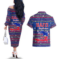 Haiti Christmas Couples Matching Off The Shoulder Long Sleeve Dress and Hawaiian Shirt with Blue Red Xmas Santa Snowflake and Map - Wonder Print Shop