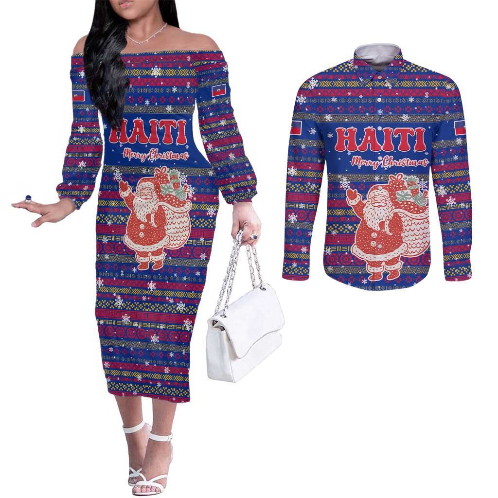 Haiti Christmas Couples Matching Off The Shoulder Long Sleeve Dress and Long Sleeve Button Shirt with Blue Red Xmas Santa Snowflake and Map - Wonder Print Shop