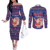 Haiti Christmas Couples Matching Off The Shoulder Long Sleeve Dress and Long Sleeve Button Shirt with Blue Red Xmas Santa Snowflake and Map - Wonder Print Shop