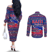 Haiti Christmas Couples Matching Off The Shoulder Long Sleeve Dress and Long Sleeve Button Shirt with Blue Red Xmas Santa Snowflake and Map - Wonder Print Shop