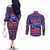 Haiti Christmas Couples Matching Off The Shoulder Long Sleeve Dress and Long Sleeve Button Shirt with Blue Red Xmas Santa Snowflake and Map - Wonder Print Shop