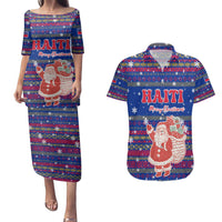 Haiti Christmas Couples Matching Puletasi and Hawaiian Shirt with Blue Red Xmas Santa Snowflake and Map - Wonder Print Shop