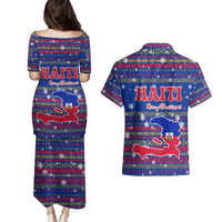 Haiti Christmas Couples Matching Puletasi and Hawaiian Shirt with Blue Red Xmas Santa Snowflake and Map - Wonder Print Shop