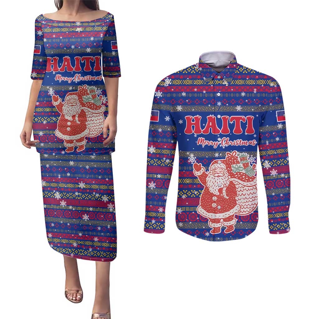 Haiti Christmas Couples Matching Puletasi and Long Sleeve Button Shirt with Blue Red Xmas Santa Snowflake and Map - Wonder Print Shop
