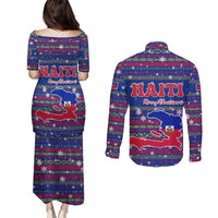 Haiti Christmas Couples Matching Puletasi and Long Sleeve Button Shirt with Blue Red Xmas Santa Snowflake and Map - Wonder Print Shop