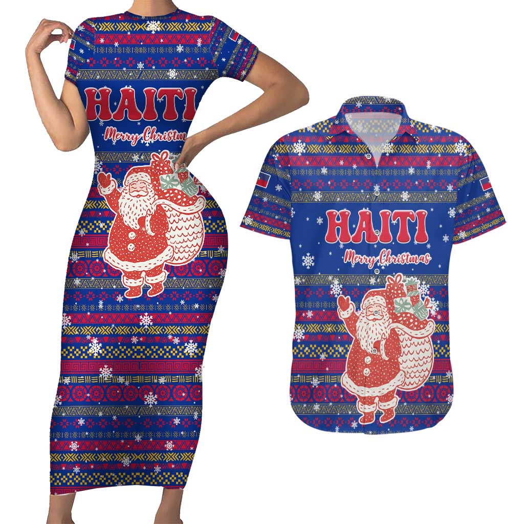 Haiti Christmas Couples Matching Short Sleeve Bodycon Dress and Hawaiian Shirt with Blue Red Xmas Santa Snowflake and Map - Wonder Print Shop