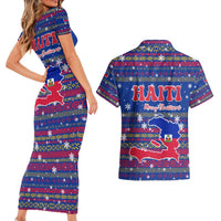 Haiti Christmas Couples Matching Short Sleeve Bodycon Dress and Hawaiian Shirt with Blue Red Xmas Santa Snowflake and Map - Wonder Print Shop