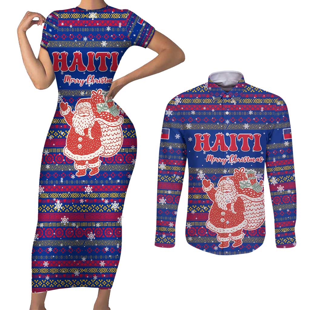 Haiti Christmas Couples Matching Short Sleeve Bodycon Dress and Long Sleeve Button Shirt with Blue Red Xmas Santa Snowflake and Map - Wonder Print Shop