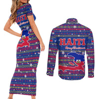 Haiti Christmas Couples Matching Short Sleeve Bodycon Dress and Long Sleeve Button Shirt with Blue Red Xmas Santa Snowflake and Map - Wonder Print Shop