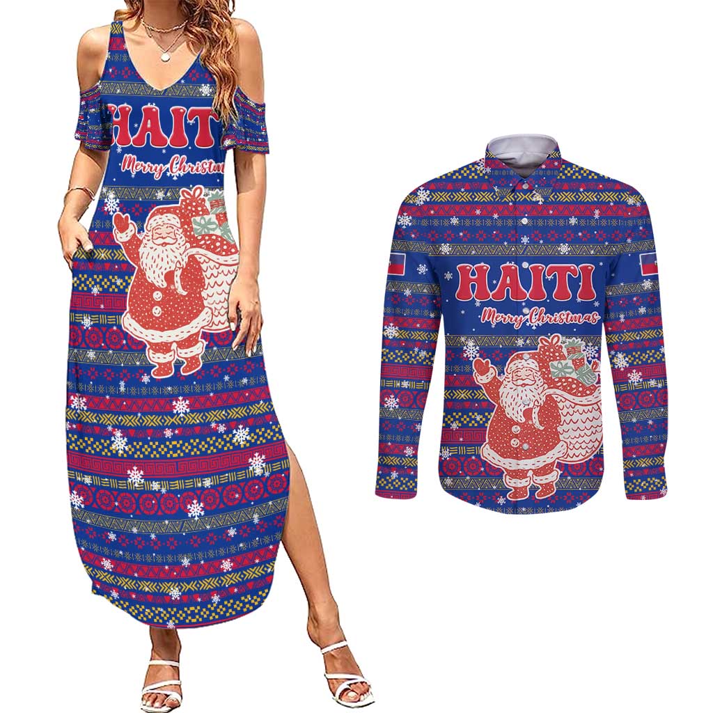 Haiti Christmas Couples Matching Summer Maxi Dress and Long Sleeve Button Shirt with Blue Red Xmas Santa Snowflake and Map - Wonder Print Shop