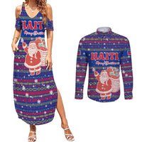 Haiti Christmas Couples Matching Summer Maxi Dress and Long Sleeve Button Shirt with Blue Red Xmas Santa Snowflake and Map - Wonder Print Shop