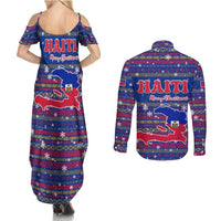 Haiti Christmas Couples Matching Summer Maxi Dress and Long Sleeve Button Shirt with Blue Red Xmas Santa Snowflake and Map - Wonder Print Shop